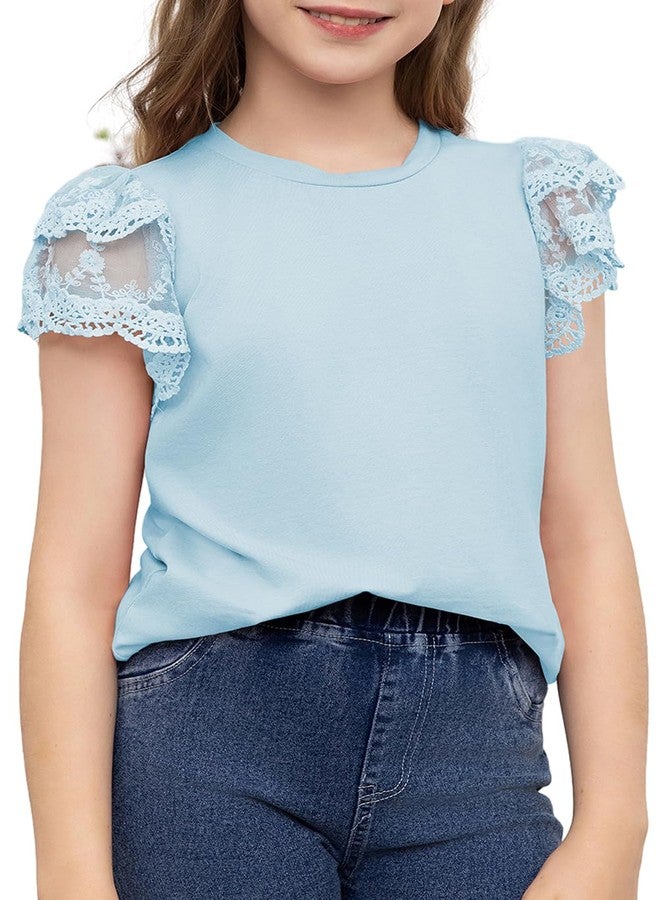 blibean Teen Girl Shirts Preteen Kid Girls Blouse Summer Short Sleeve Flowy Dress Tops Fashion Casual Dressy Clothes Fancy Solid Blouse Size 10-11 Year Old Light Blue - Image 1